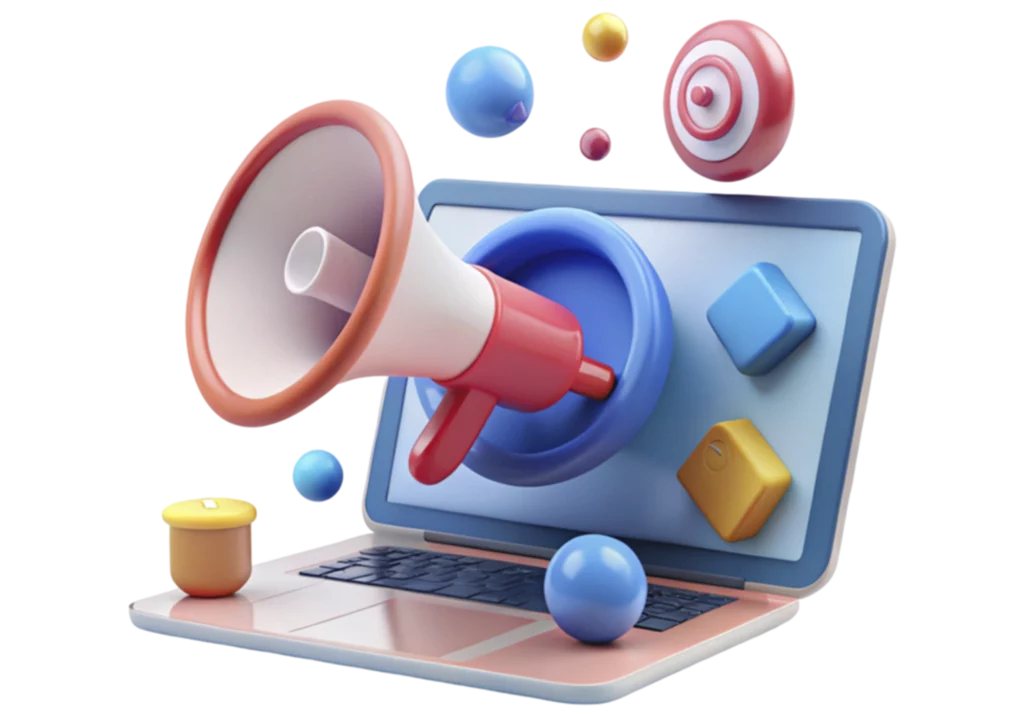 3D-Illustration eines Megaphons, das aus einem Laptop herausragt, mit Symbolen für digitales Marketing und Kommunikation.