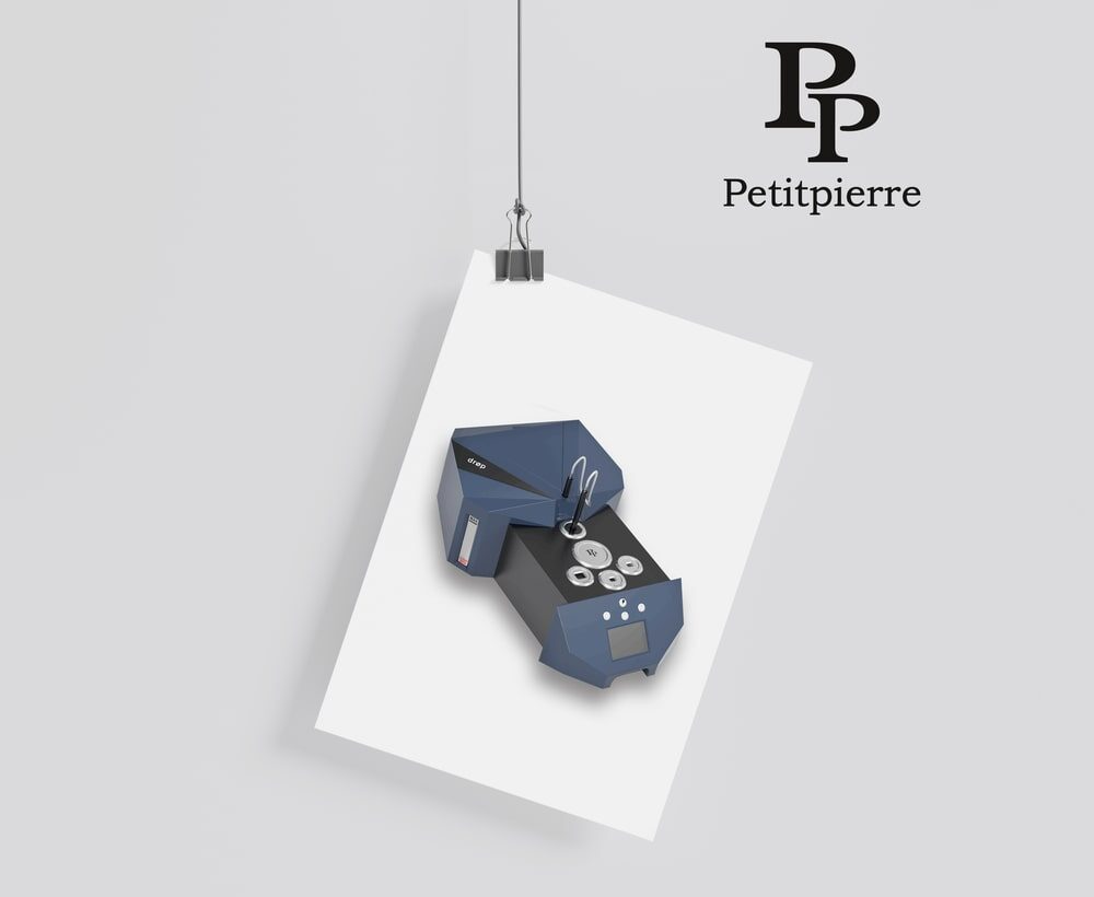 Branding and design portfolio project for Petitpierre, displaying a high-precision industrial tool with a clean and modern mockup presentation.
