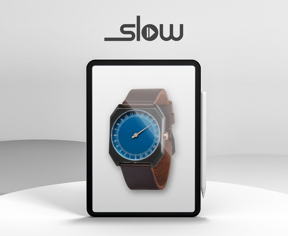 Branding and design portfolio project for Slow, featuring a modern minimalist watch with a striking blue dial, presented on a digital screen.