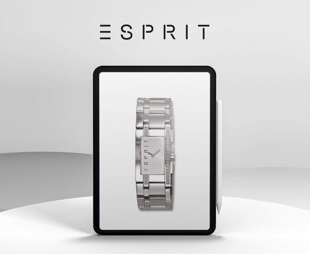 branding und design portfolio für Esprit – Darstellung einer silbernen Damenuhr auf einem Tablet, stilvoll in Szene gesetzt vor einem minimalistischen Hintergrund.