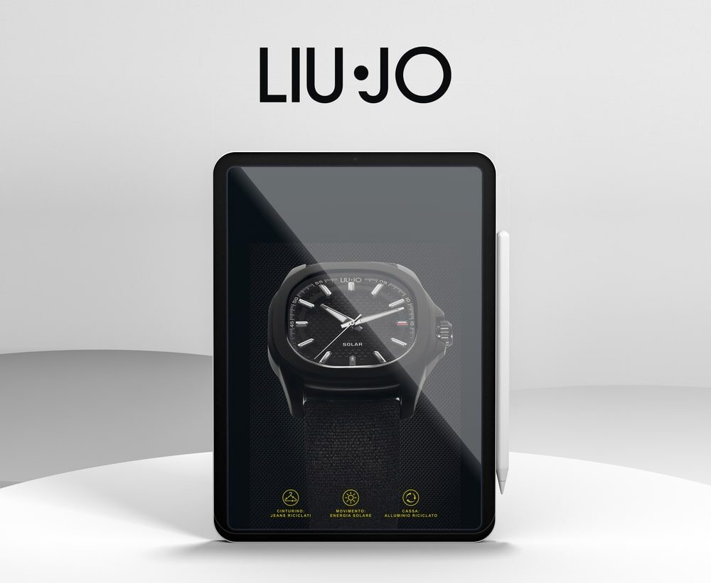 branding und design portfolio für Liu Jo – schwarze Solar-Armbanduhr auf einem Tablet dargestellt, mit Icons für nachhaltige Materialien, moderner Stil.