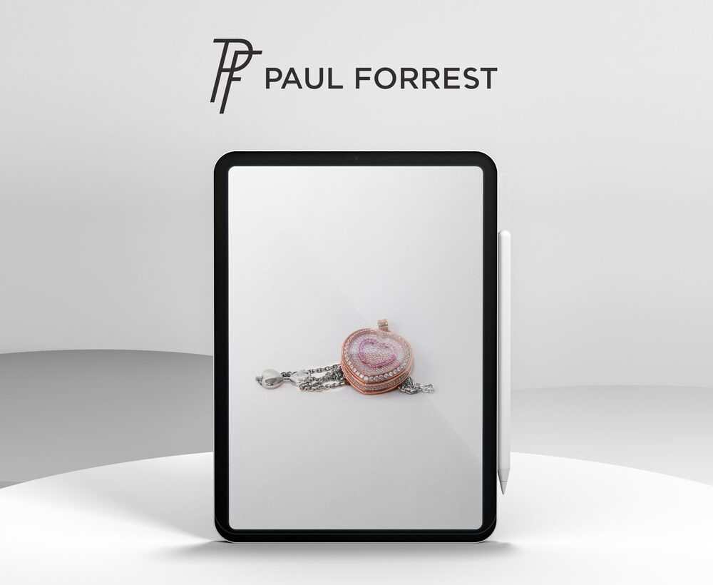 branding und design portfolio für Paul Forrest – hochwertige Schmuckuhr mit rosa Edelsteinen, minimalistisch präsentiert auf weißem Hintergrund.