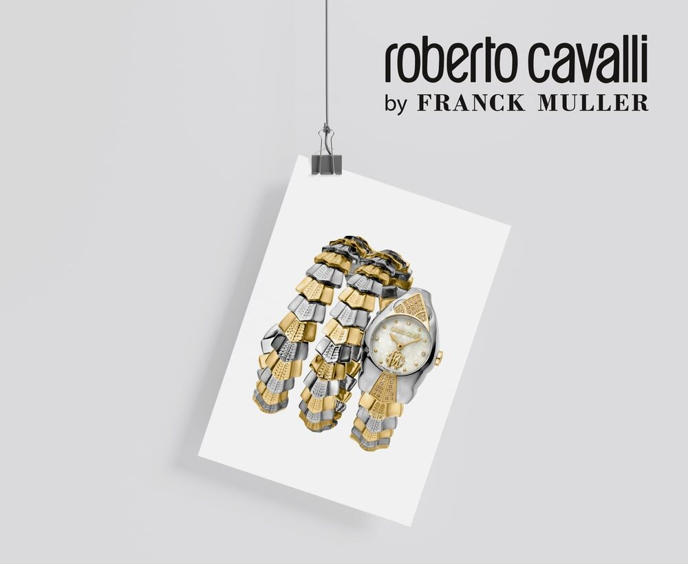 branding und design portfolio für Roberto Cavalli by Franck Muller – elegante Luxusuhr mit Gold- und Silberelementen auf Poster dargestellt.