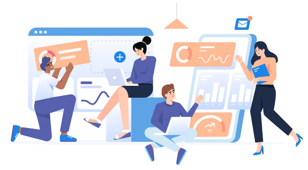 Vector illustration of marketing strategy and social media management by creative digital agency Sitchio, featuring analytics and communication tools.