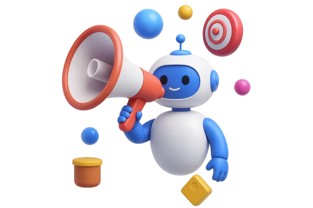 Illustration 3D d’un agent IA représenté par un robot tenant un mégaphone, symbole de communication automatisée et intelligente pour les entreprises.