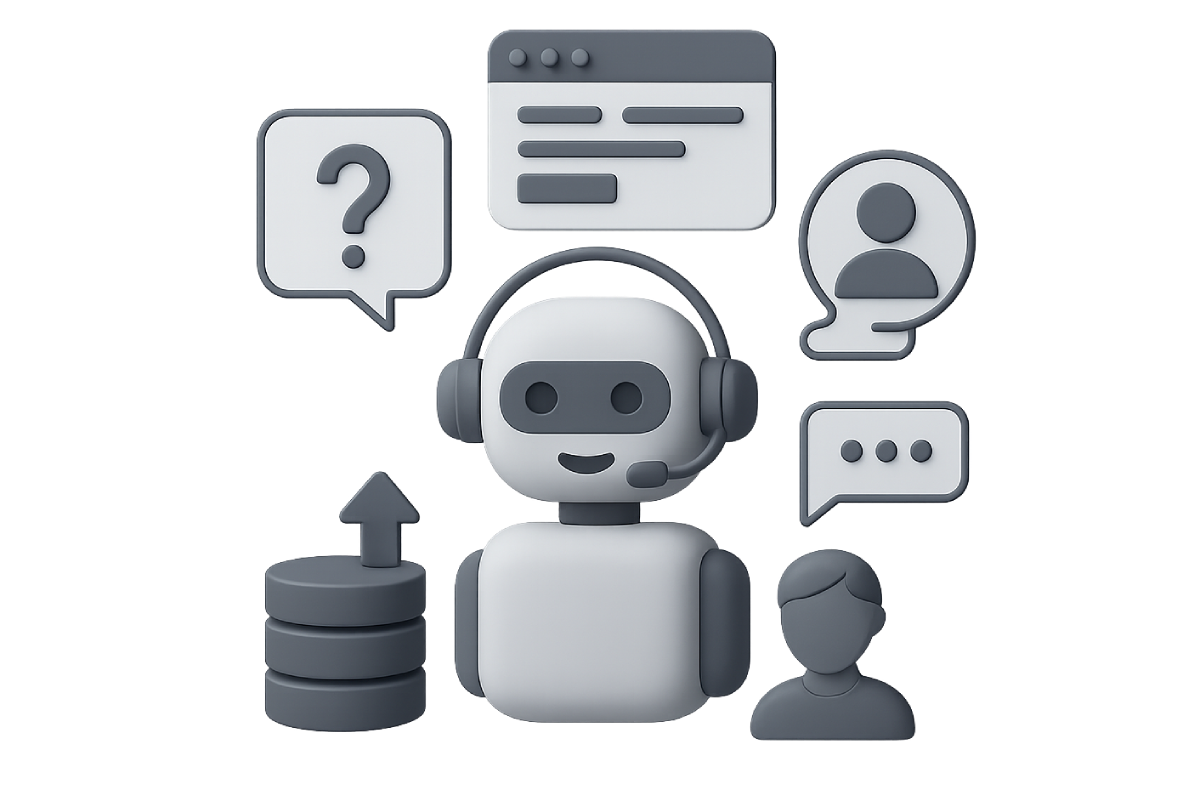 Illustration 3D minimaliste représentant un agent IA sous forme de robot assistant virtuel, entouré d’icônes symbolisant le dialogue, les données, les utilisateurs et l’automatisation.
