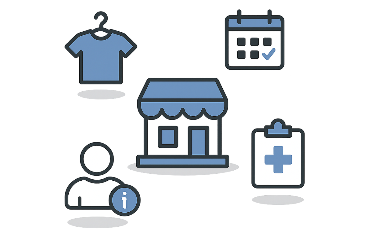 Illustration vectorielle montrant plusieurs exemples d’utilisation d’un agent IA dans différents secteurs : commerce, santé, prise de rendez-vous, relation client et e-commerce.