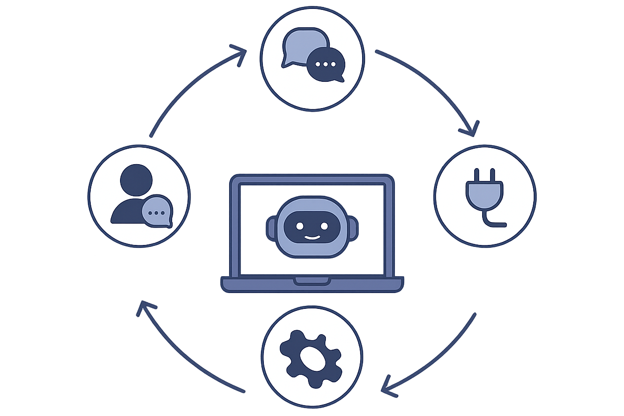Infographie illustrant le processus en quatre étapes pour créer un agent IA chez Sitchio Digital : écoute des besoins, développement personnalisé avec GPT, intégration multicanal, et optimisation continue.